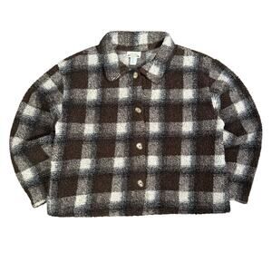 Vintage 90s Fleece Brown White Plaid Button-Up Jacket Women’s XL Made in USA